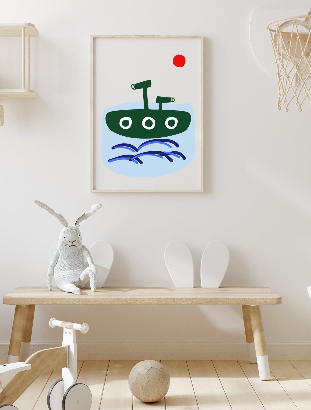 SUBMARINE ON THE WAVES GRAPHIC ART PRINT FOR CHILDREN WITH A WHITE BACKGROUND