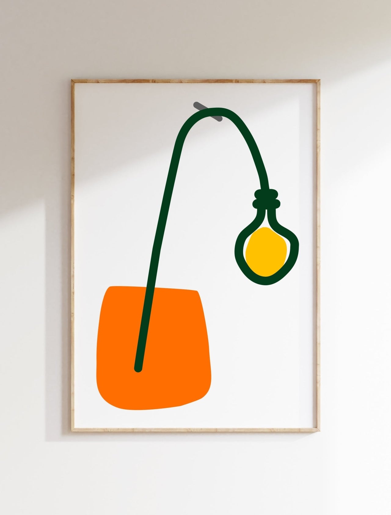 ORANGE LAMP STAND WITH AN ARCHED HANGING LIGHT GRAPHIC ART PRINT WITH A WHITE BACKGROUND