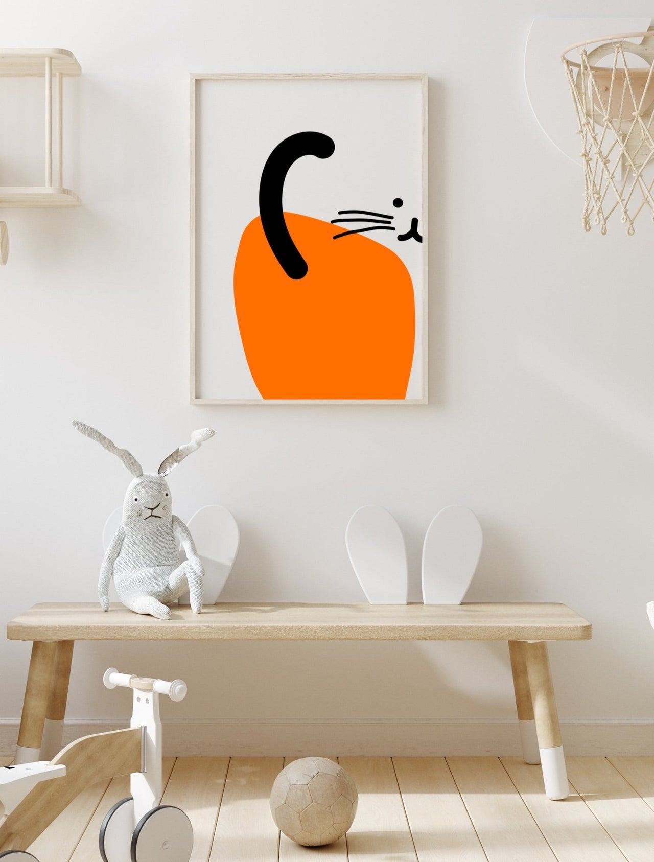 ORANGE CAT ILLUSTRATION GRAPHIC ART PRINT WITH A WHITE BACKGROUND SET IN A KIDS BEDROOM